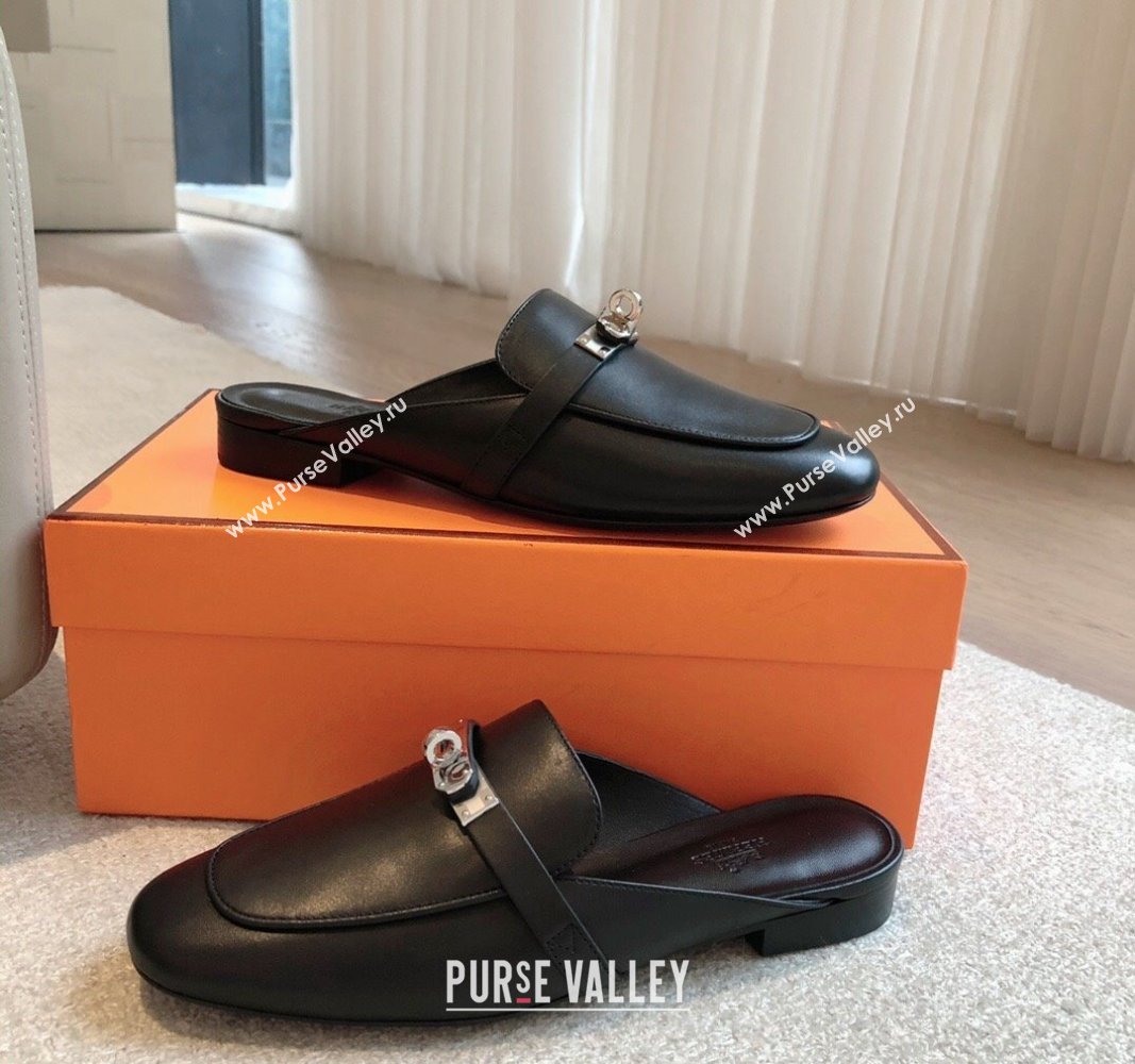 Hermes Oz Flat Mules in Calfskin Leather Black/Silver 2024 0815 (XC-240815051)