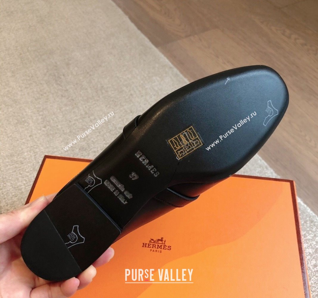 Hermes Oz Flat Mules in Calfskin Leather Black/Silver 2024 0815 (XC-240815051)