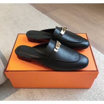 Hermes Oz Flat Mules in Calfskin Leather Black/Gold 2024 0815 (XC-240815052)