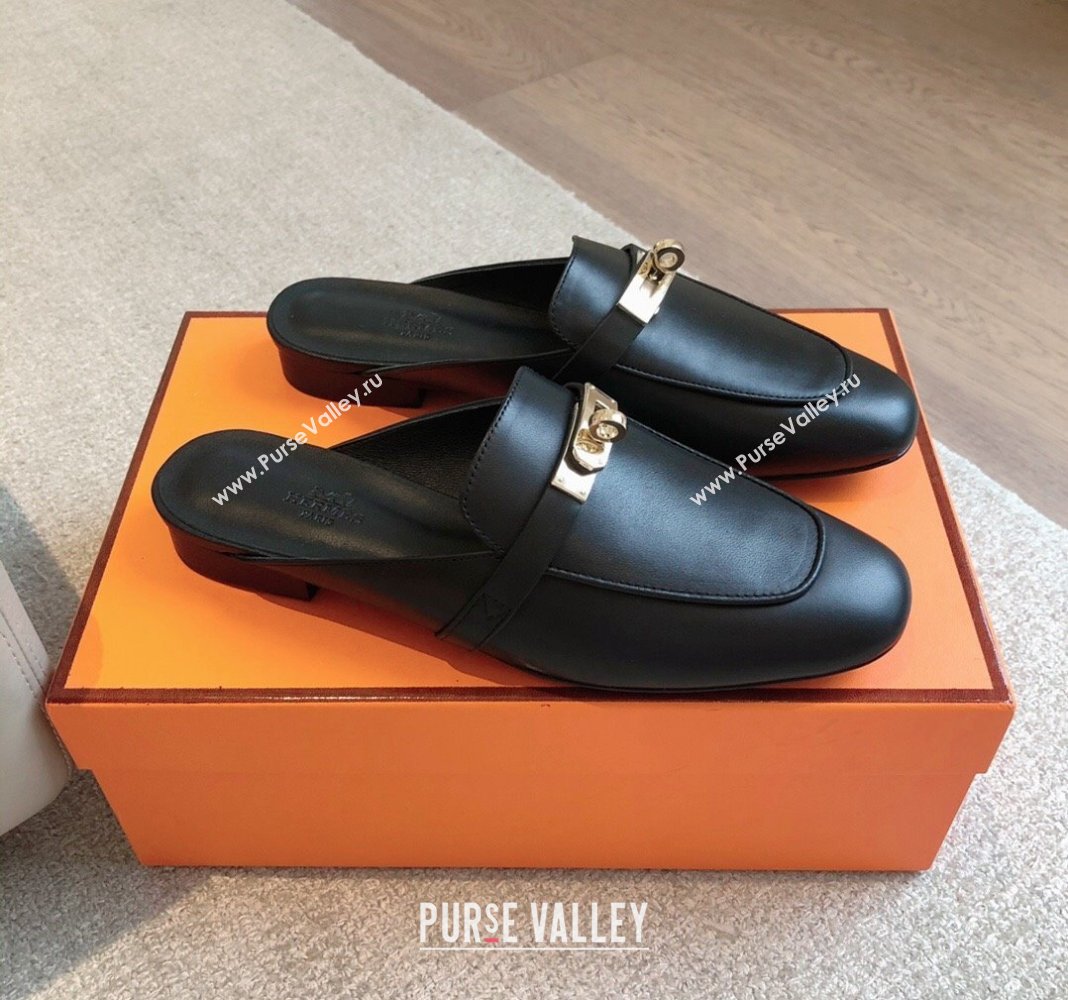 Hermes Oz Flat Mules in Calfskin Leather Black/Gold 2024 0815 (XC-240815052)