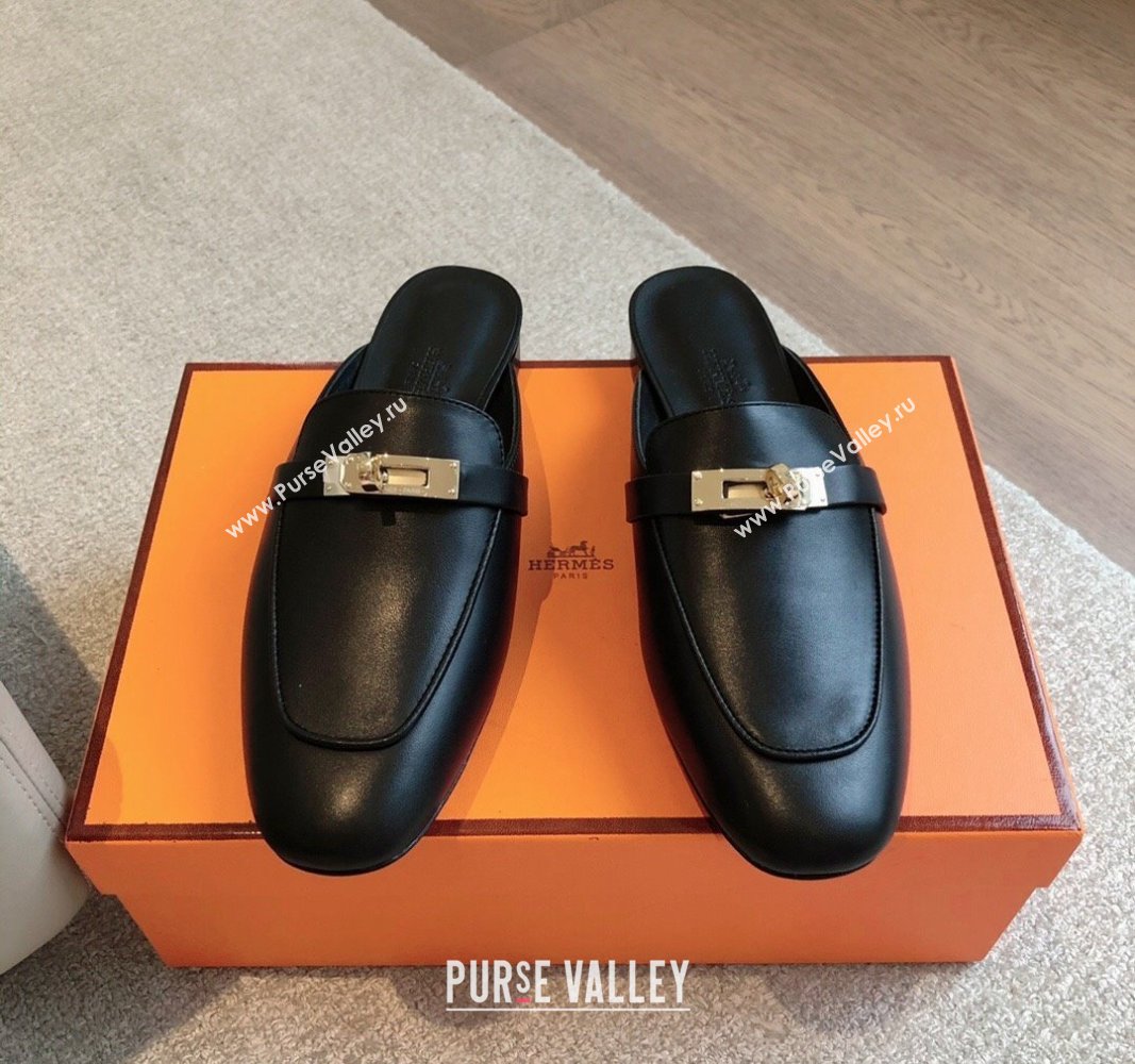 Hermes Oz Flat Mules in Calfskin Leather Black/Gold 2024 0815 (XC-240815052)