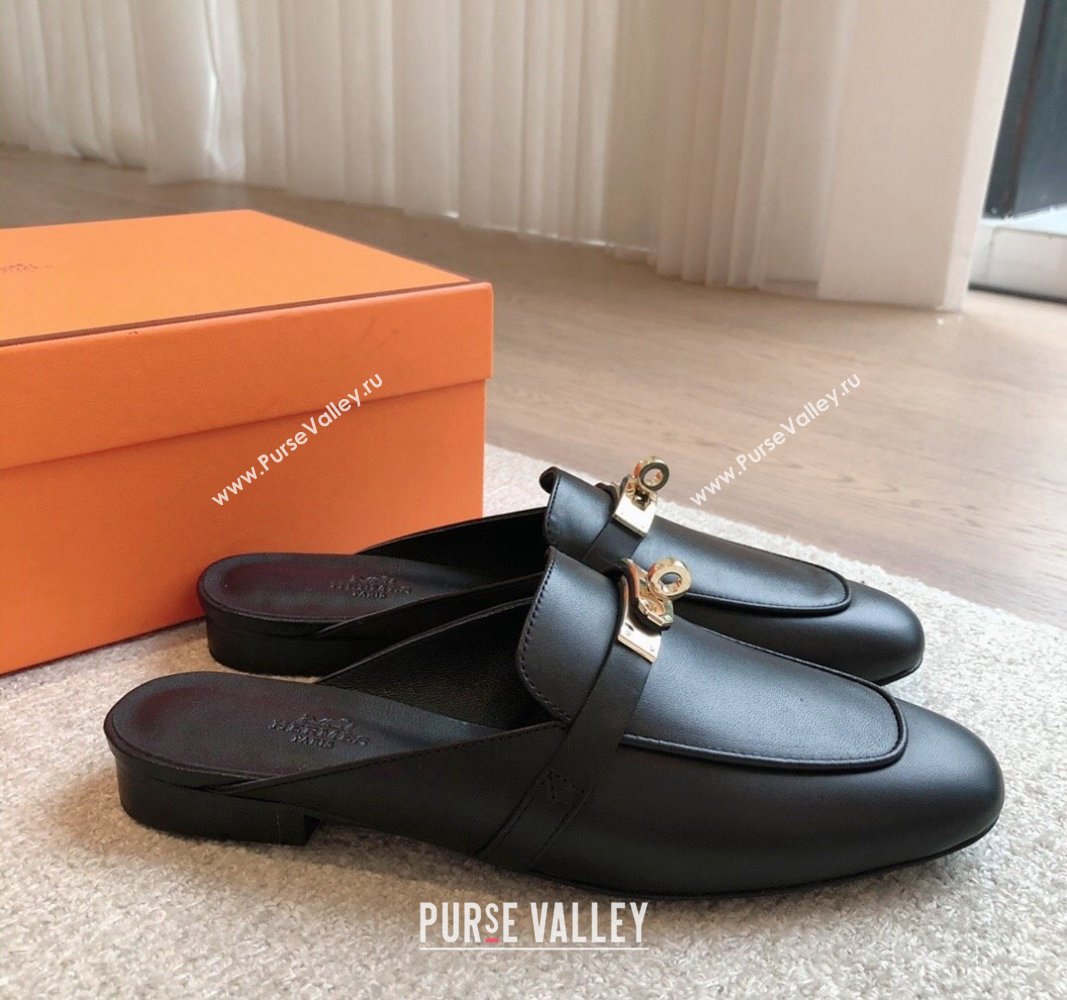 Hermes Oz Flat Mules in Calfskin Leather Black/Gold 2024 0815 (XC-240815052)