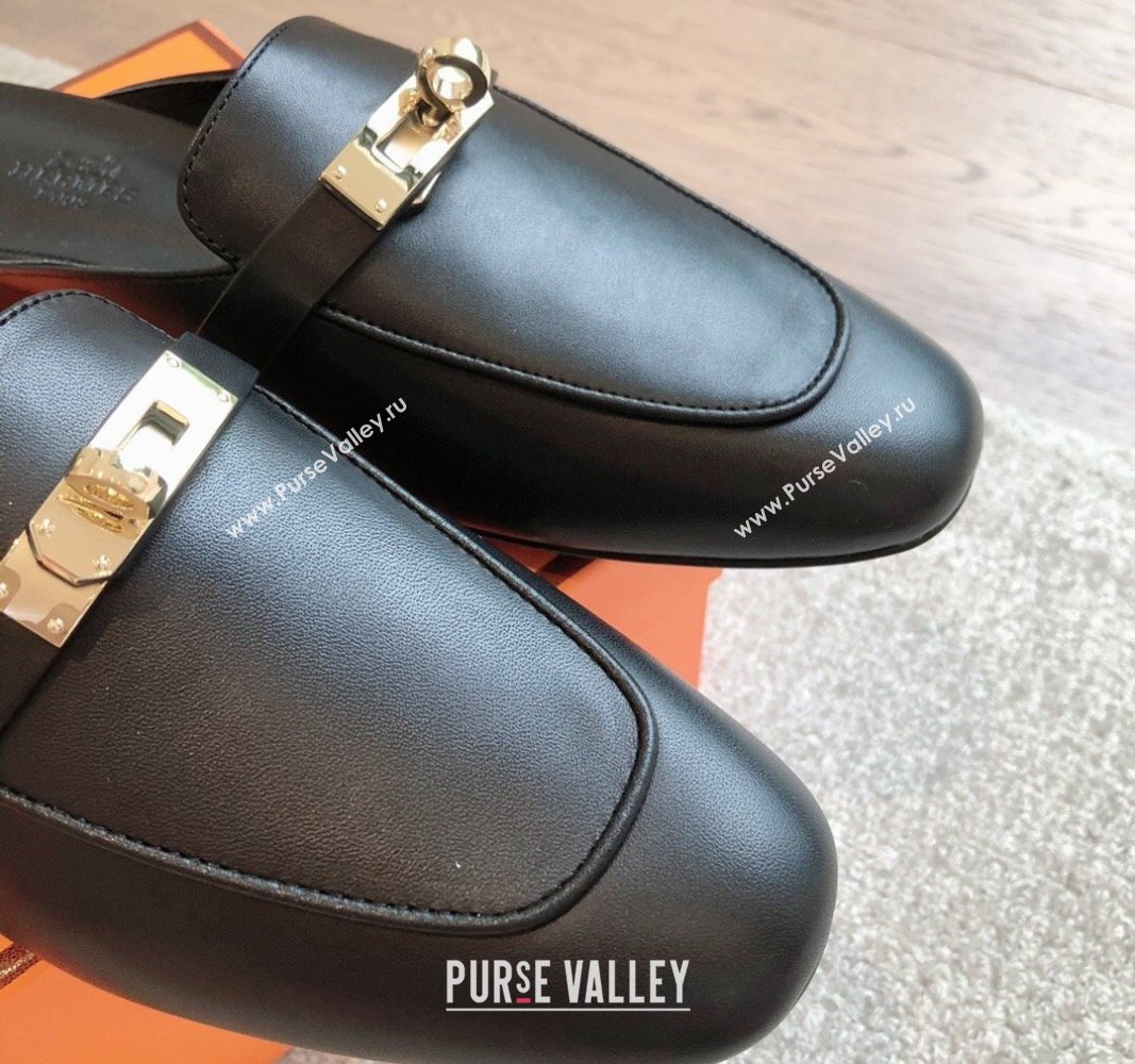 Hermes Oz Flat Mules in Calfskin Leather Black/Gold 2024 0815 (XC-240815052)