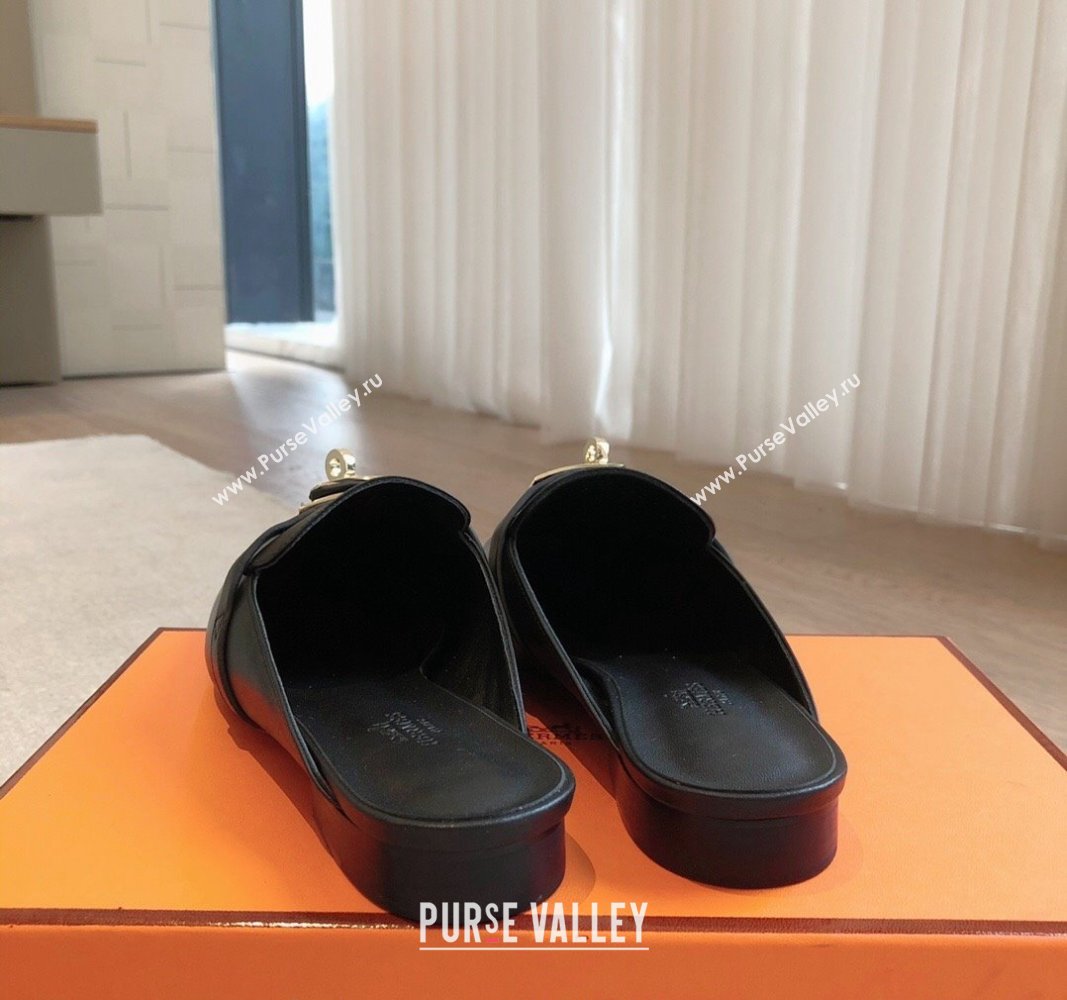 Hermes Oz Flat Mules in Calfskin Leather Black/Gold 2024 0815 (XC-240815052)