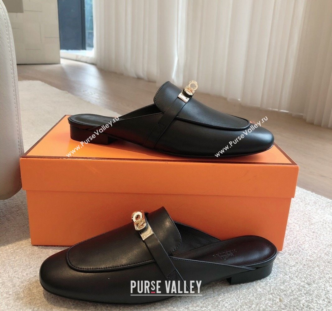 Hermes Oz Flat Mules in Calfskin Leather Black/Gold 2024 0815 (XC-240815052)