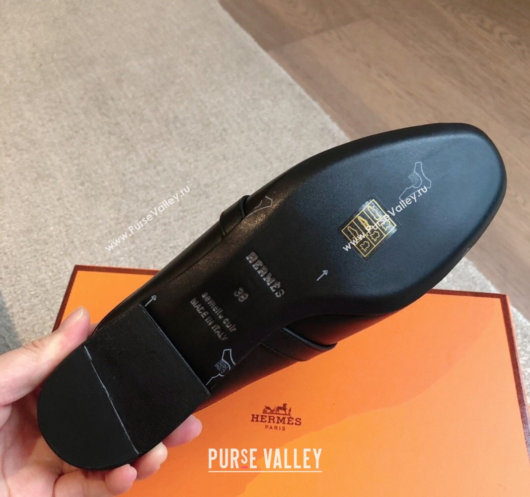 Hermes Oz Flat Mules in Calfskin Leather Black/Gold 2024 0815 (XC-240815052)