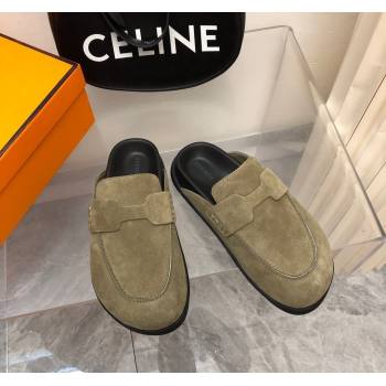 Hermes Go Mules in Suede with H cut-out Khaki Green 2024 0815 (MD-240815055)