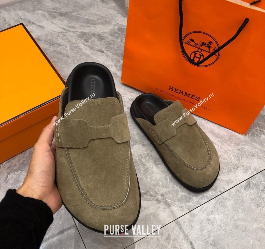 Hermes Go Mules in Suede with H cut-out Khaki Green 2024 0815 (MD-240815055)