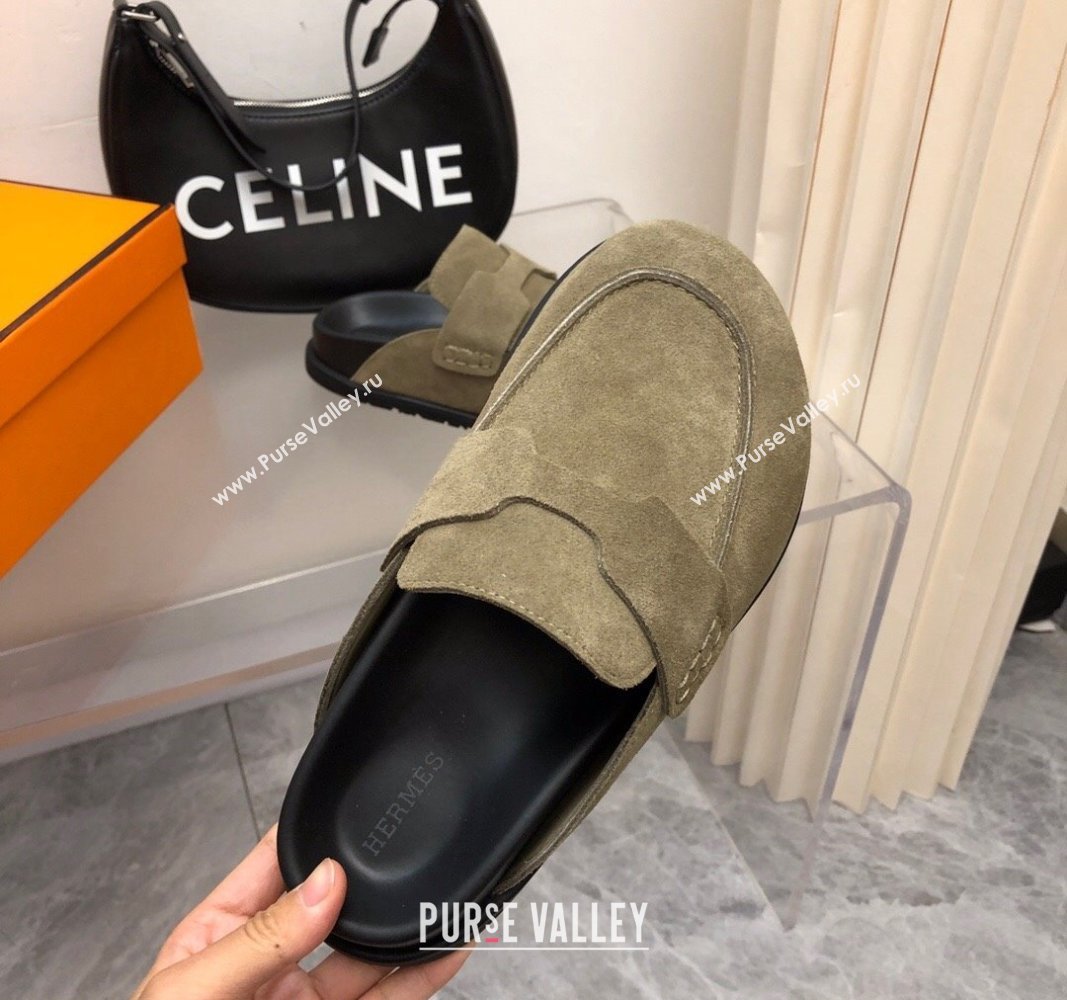 Hermes Go Mules in Suede with H cut-out Khaki Green 2024 0815 (MD-240815055)