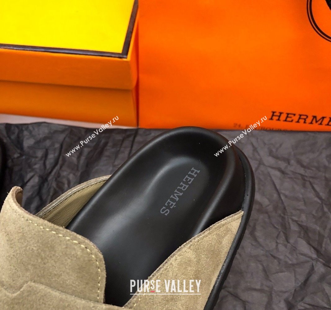 Hermes Go Mules in Suede with H cut-out Khaki Green 2024 0815 (MD-240815055)