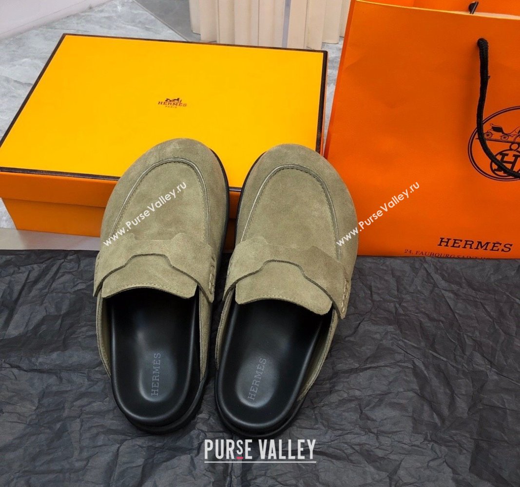 Hermes Go Mules in Suede with H cut-out Khaki Green 2024 0815 (MD-240815055)