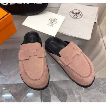 Hermes Go Mules in Suede with H cut-out Pale Pink 2024 0815 (MD-240815057)