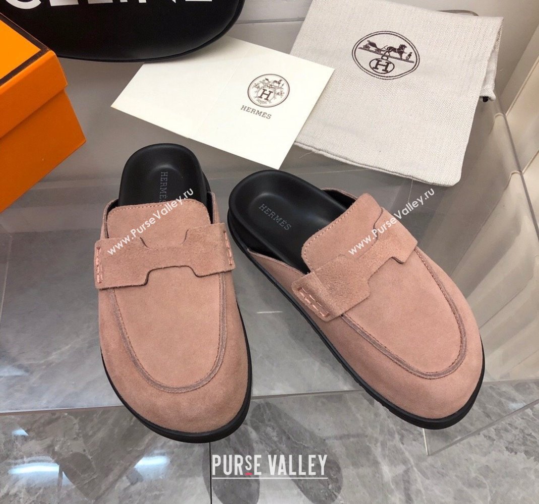 Hermes Go Mules in Suede with H cut-out Pale Pink 2024 0815 (MD-240815057)