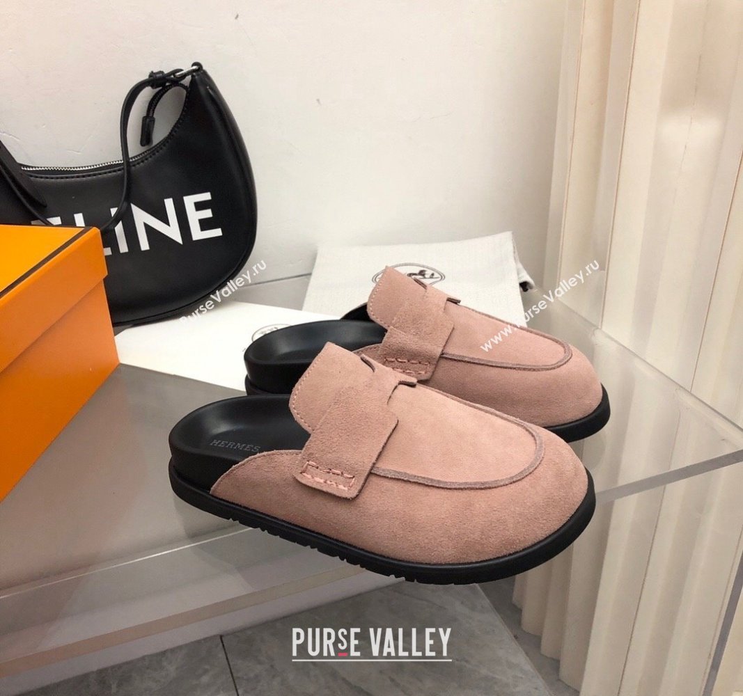 Hermes Go Mules in Suede with H cut-out Pale Pink 2024 0815 (MD-240815057)