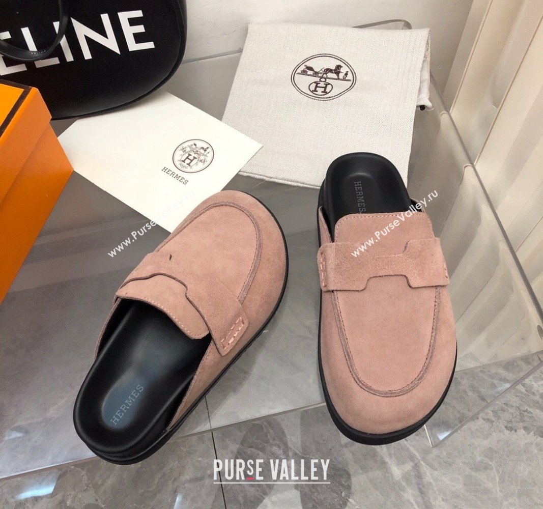 Hermes Go Mules in Suede with H cut-out Pale Pink 2024 0815 (MD-240815057)