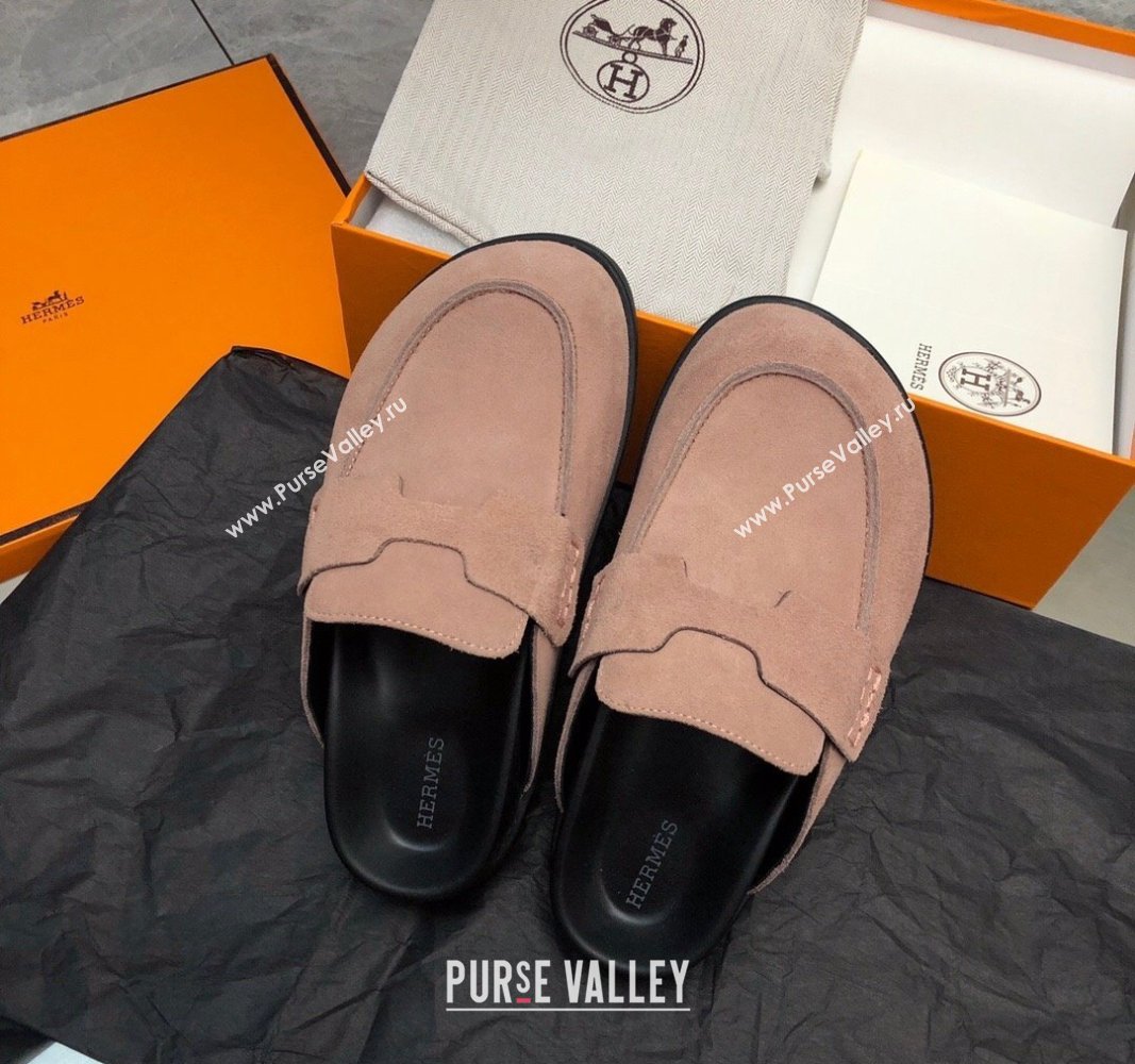 Hermes Go Mules in Suede with H cut-out Pale Pink 2024 0815 (MD-240815057)