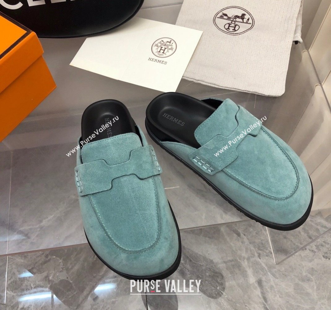 Hermes Go Mules in Suede with H cut-out Blue 2024 0815 (MD-240815058)