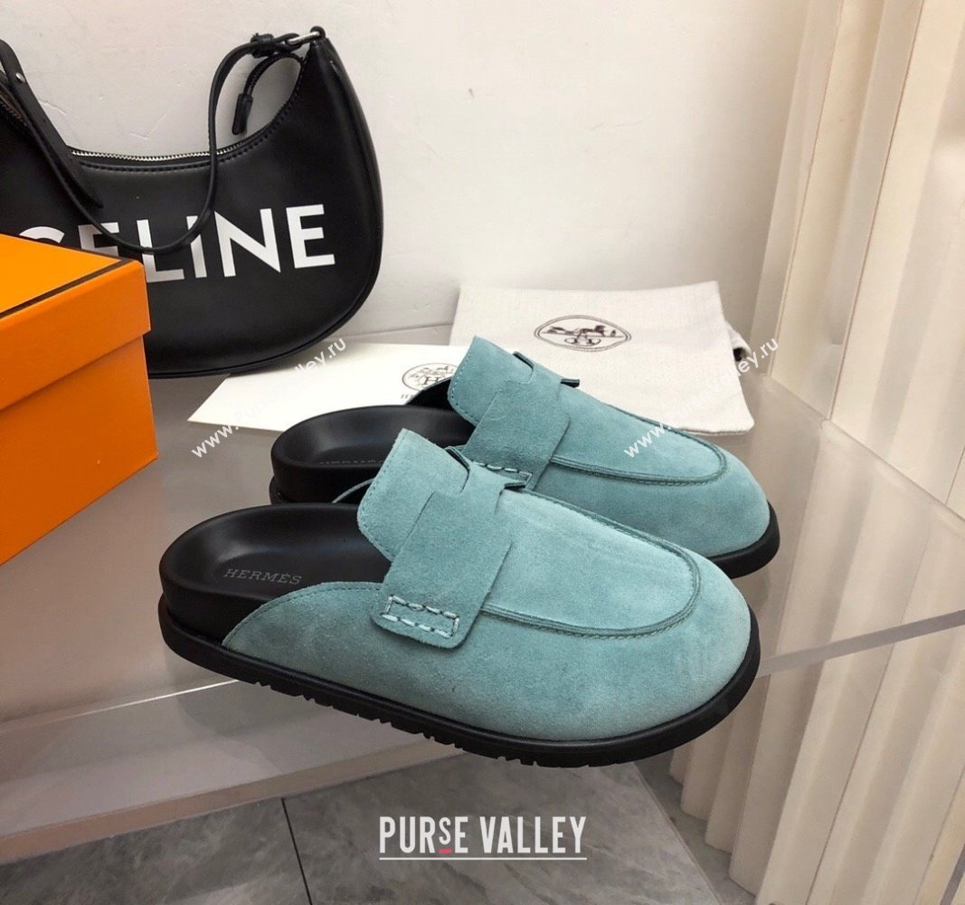 Hermes Go Mules in Suede with H cut-out Blue 2024 0815 (MD-240815058)