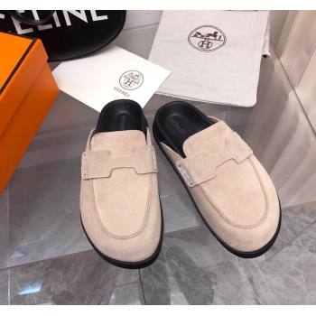 Hermes Go Mules in Suede with H cut-out Pale beige 2024 0815 (MD-240815059)