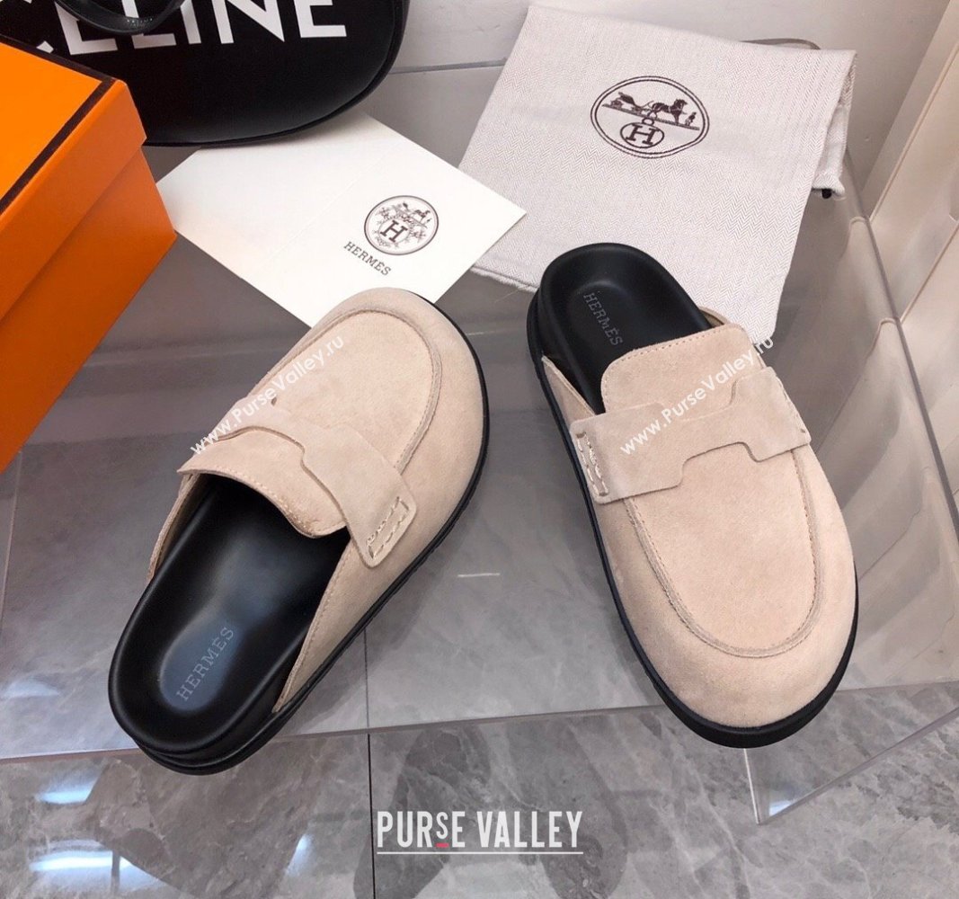 Hermes Go Mules in Suede with H cut-out Pale beige 2024 0815 (MD-240815059)