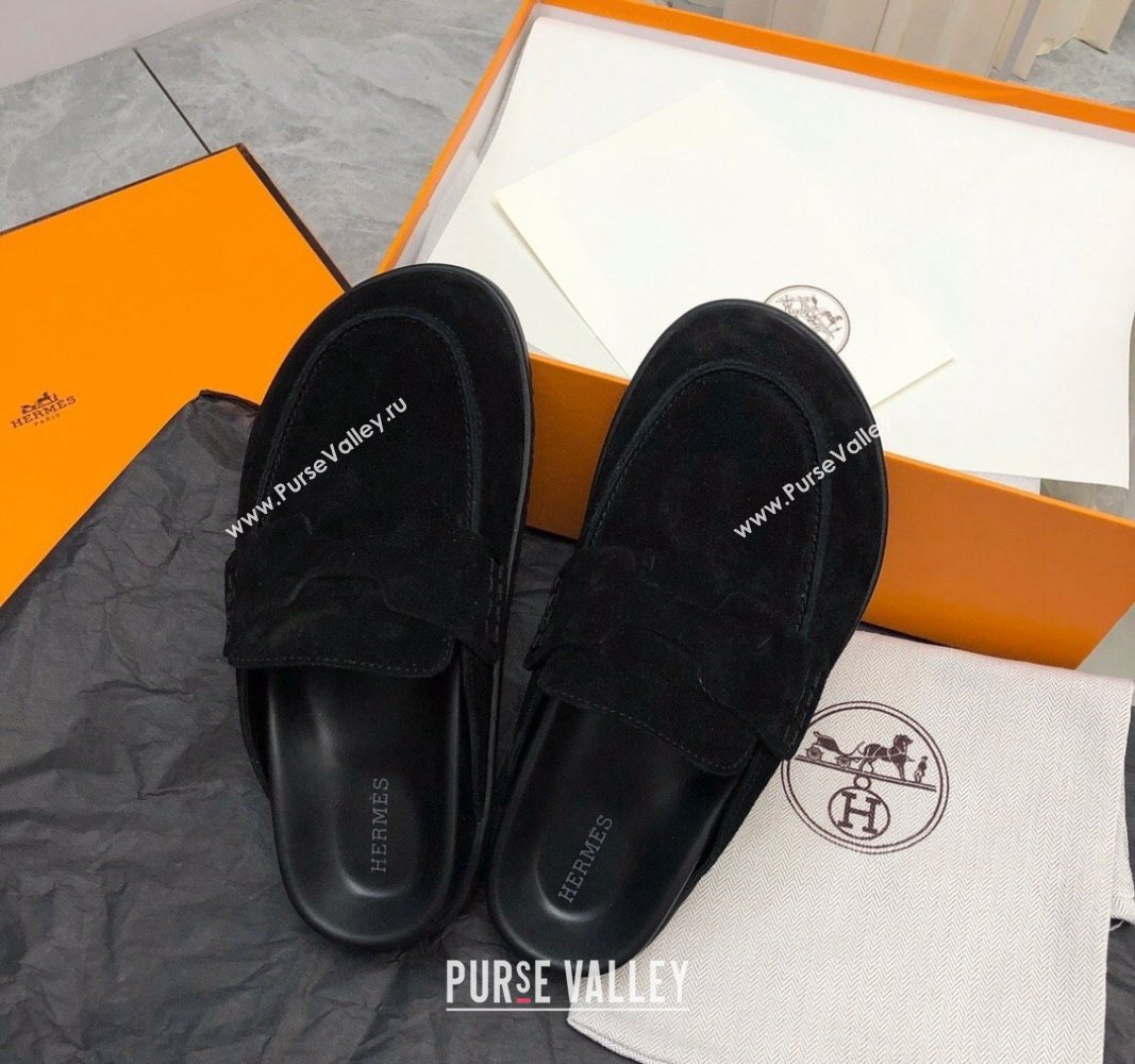 Hermes Go Mules in Suede with H cut-out Black 2024 0815 (MD-240815060)