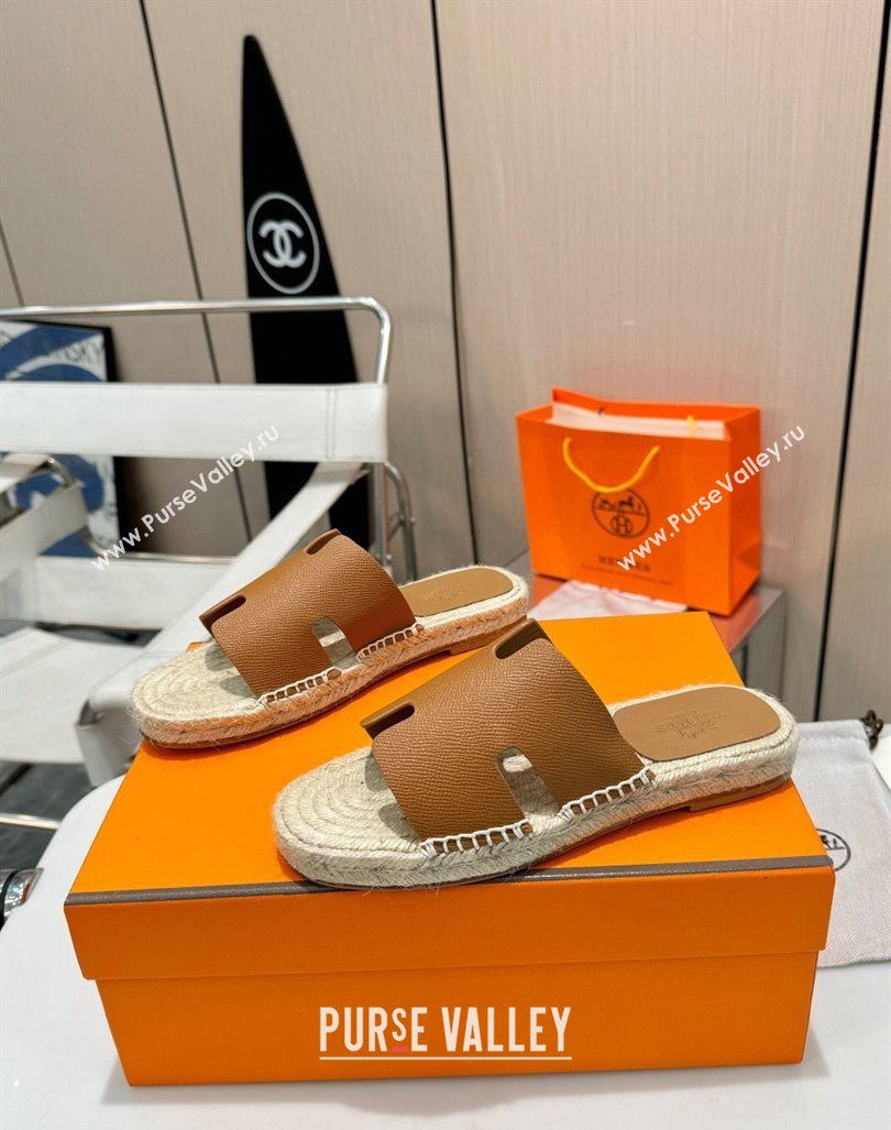 Hermes Izmir Espadrille Flat Slides Sandal in Palm-Grained Leather Brown 2024 0815 (MD-240815061)