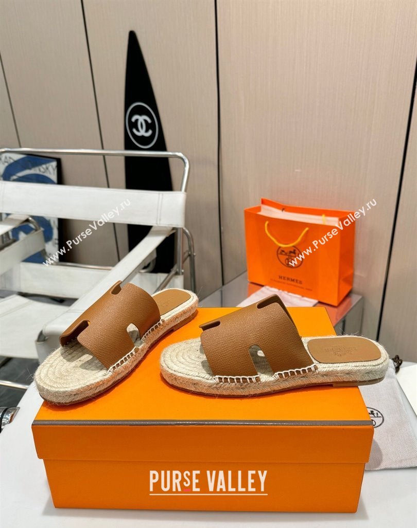 Hermes Izmir Espadrille Flat Slides Sandal in Palm-Grained Leather Brown 2024 0815 (MD-240815061)