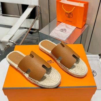 Hermes Izmir Espadrille Flat Slides Sandal in Palm-Grained Leather Brown 2024 0815 (MD-240815061)