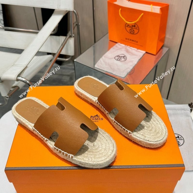 Hermes Izmir Espadrille Flat Slides Sandal in Palm-Grained Leather Brown 2024 0815 (MD-240815061)