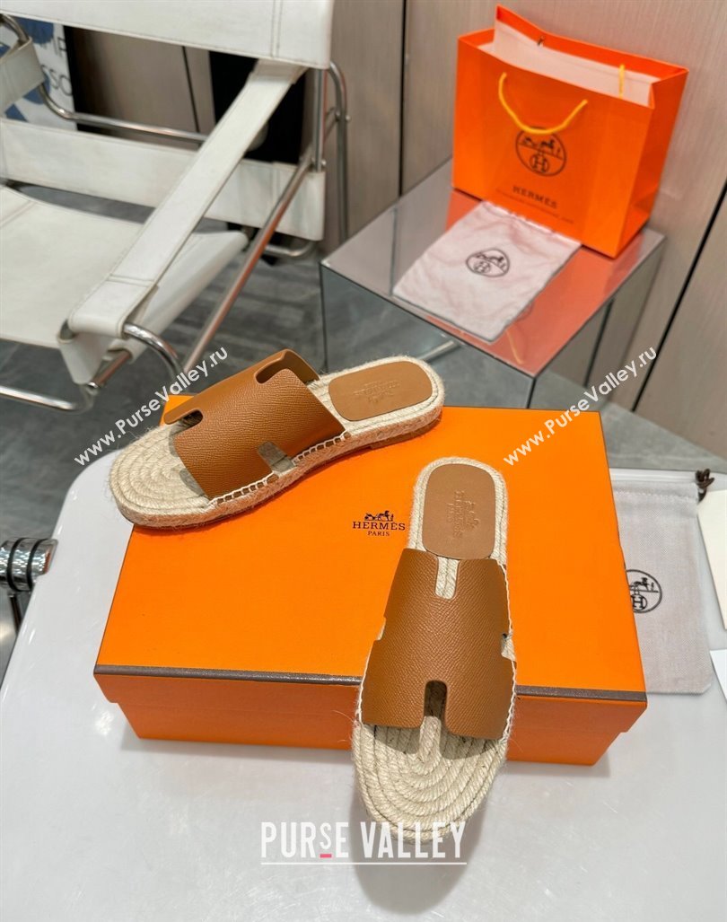 Hermes Izmir Espadrille Flat Slides Sandal in Palm-Grained Leather Brown 2024 0815 (MD-240815061)