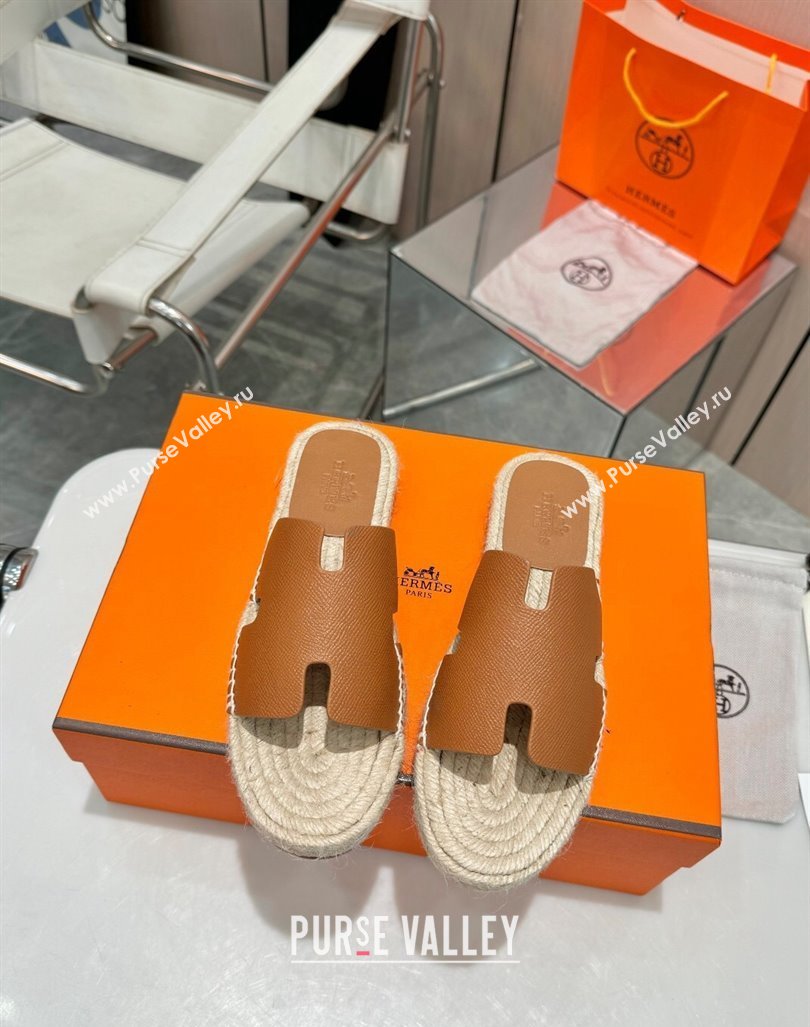 Hermes Izmir Espadrille Flat Slides Sandal in Palm-Grained Leather Brown 2024 0815 (MD-240815061)