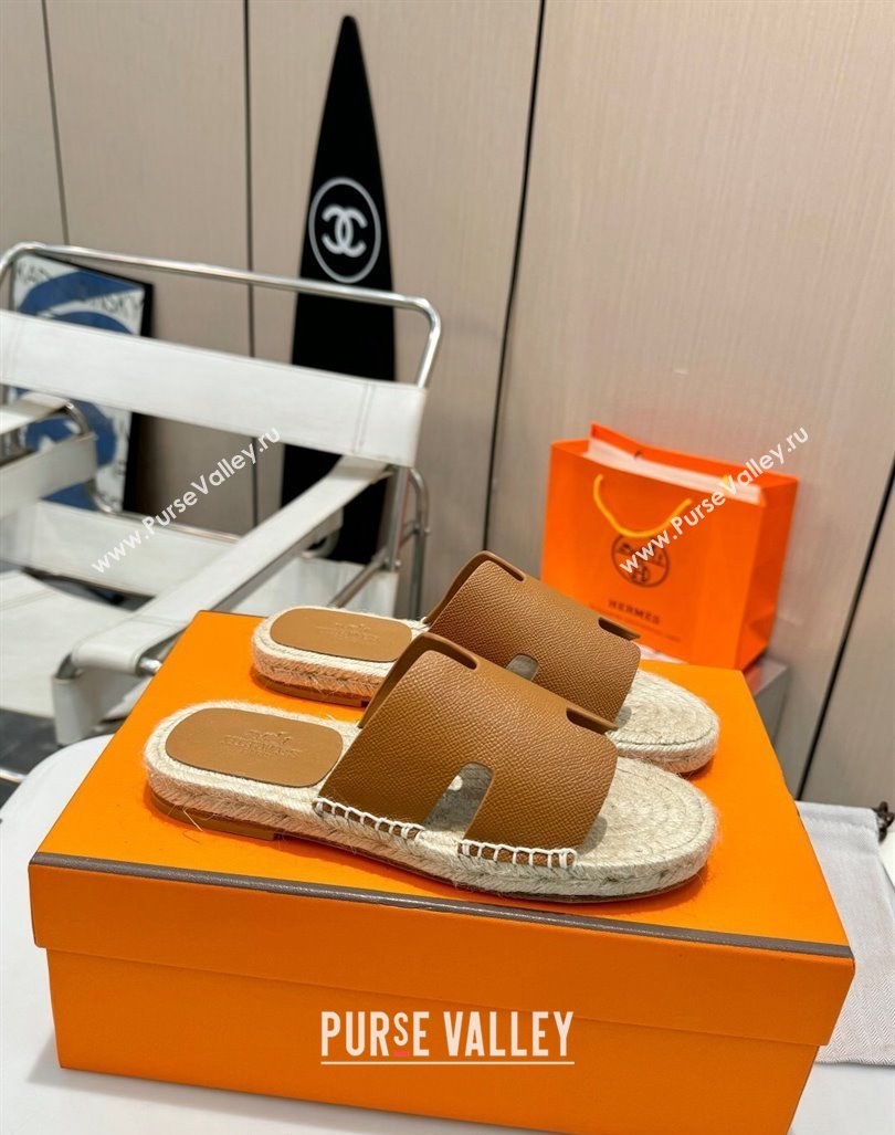 Hermes Izmir Espadrille Flat Slides Sandal in Palm-Grained Leather Brown 2024 0815 (MD-240815061)