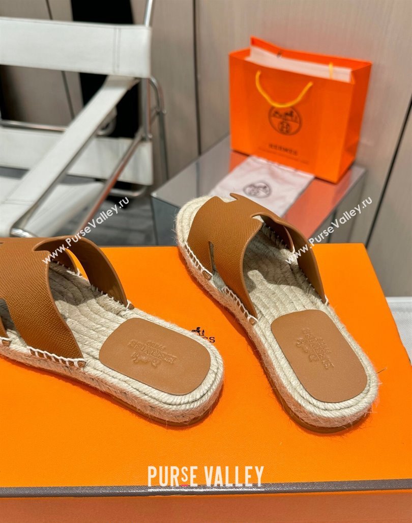 Hermes Izmir Espadrille Flat Slides Sandal in Palm-Grained Leather Brown 2024 0815 (MD-240815061)