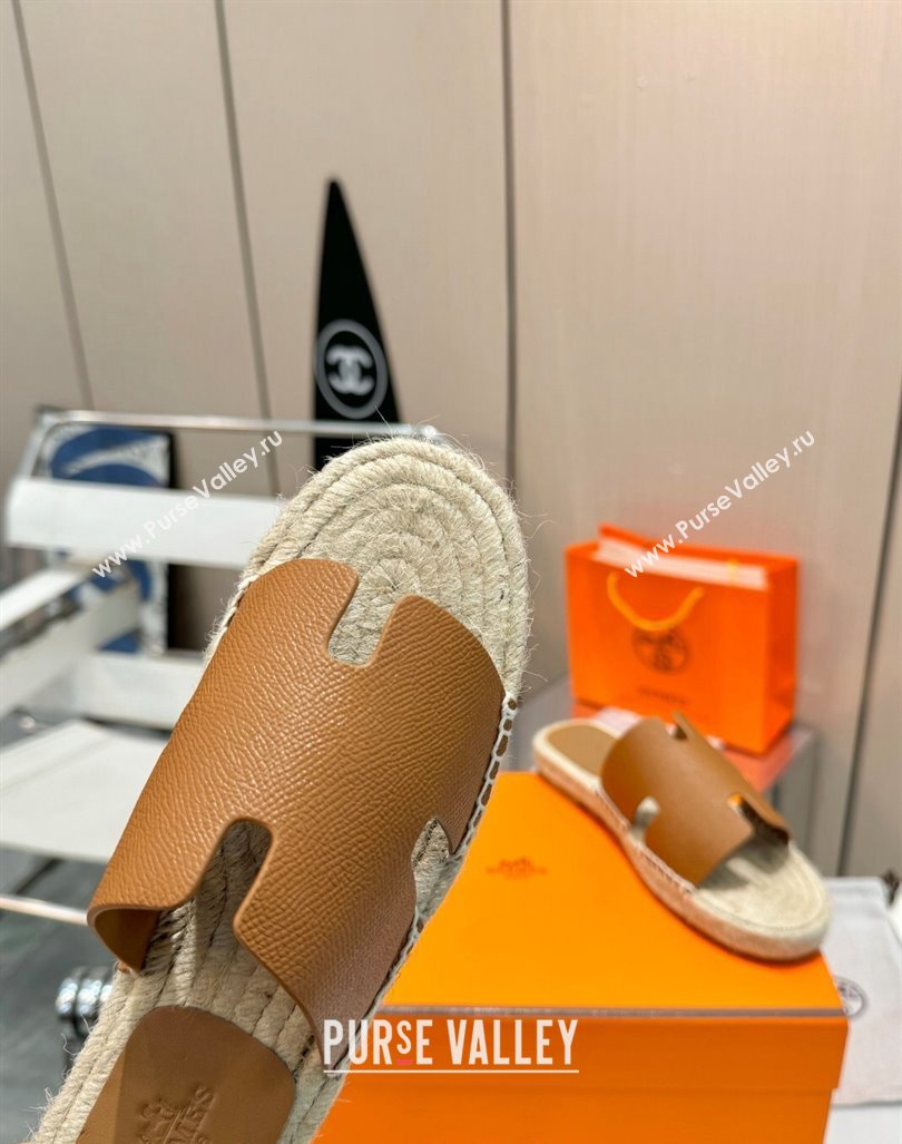 Hermes Izmir Espadrille Flat Slides Sandal in Palm-Grained Leather Brown 2024 0815 (MD-240815061)