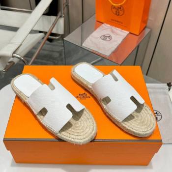 Hermes Izmir Espadrille Flat Slides Sandal in Palm-Grained Leather White 2024 0815 (MD-240815063)