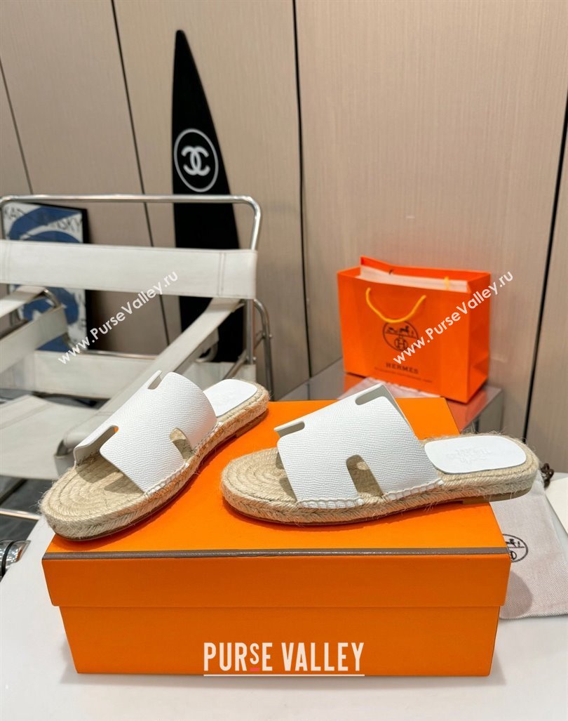 Hermes Izmir Espadrille Flat Slides Sandal in Palm-Grained Leather White 2024 0815 (MD-240815063)