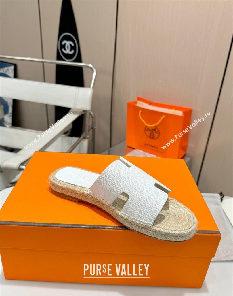 Hermes Izmir Espadrille Flat Slides Sandal in Palm-Grained Leather White 2024 0815 (MD-240815063)