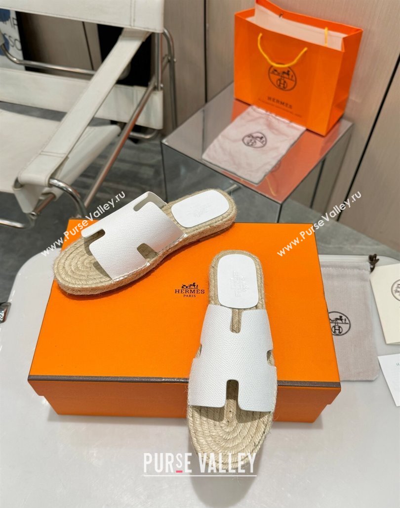 Hermes Izmir Espadrille Flat Slides Sandal in Palm-Grained Leather White 2024 0815 (MD-240815063)