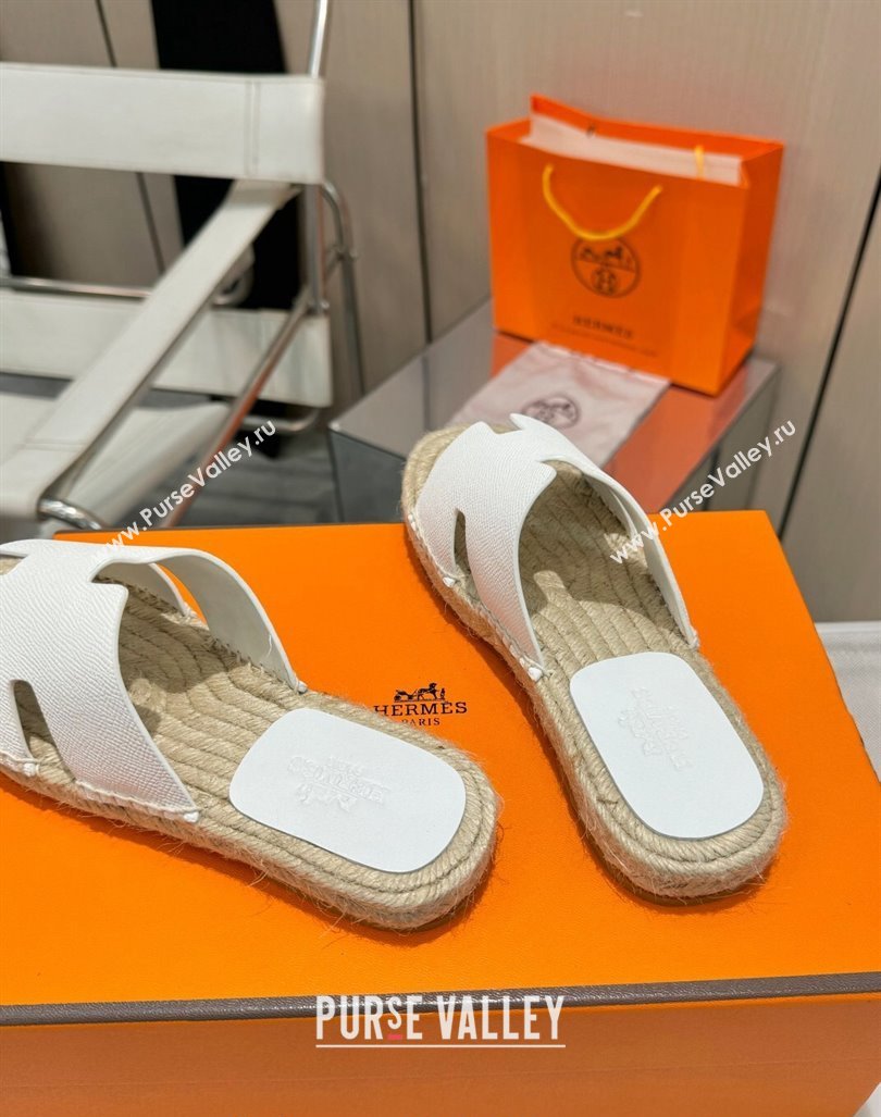 Hermes Izmir Espadrille Flat Slides Sandal in Palm-Grained Leather White 2024 0815 (MD-240815063)