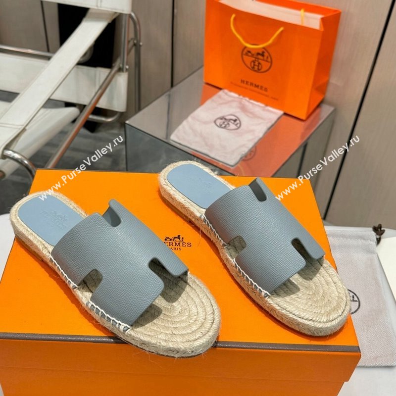 Hermes Izmir Espadrille Flat Slides Sandal in Palm-Grained Leather Light Grey 2024 0815 (MD-240815064)