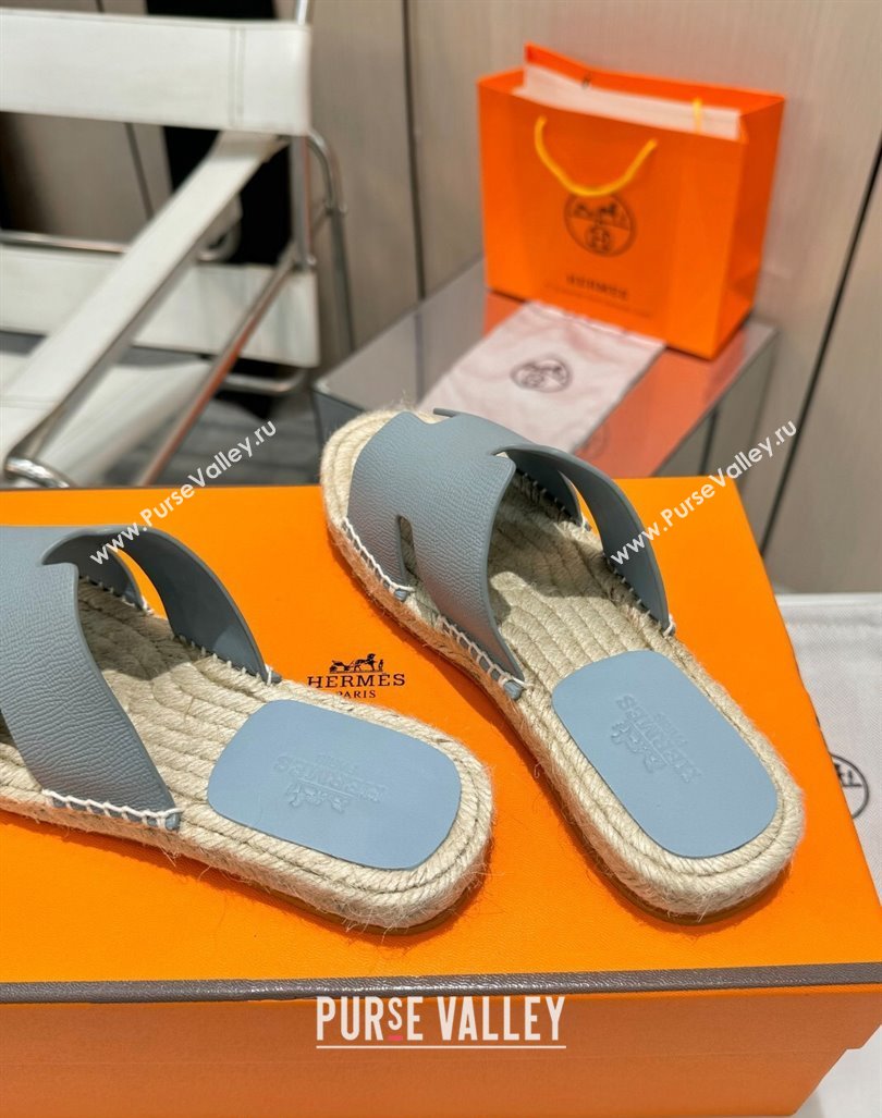 Hermes Izmir Espadrille Flat Slides Sandal in Palm-Grained Leather Light Grey 2024 0815 (MD-240815064)