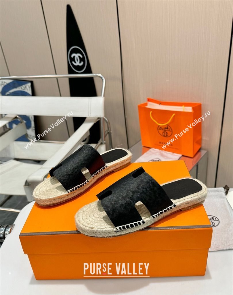 Hermes Izmir Espadrille Flat Slides Sandal in Palm-Grained Leather Black 2024 0815 (MD-240815065)