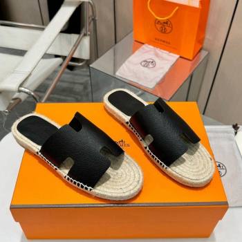 Hermes Izmir Espadrille Flat Slides Sandal in Palm-Grained Leather Black 2024 0815 (MD-240815065)