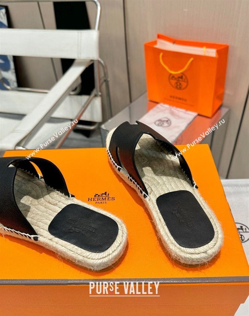 Hermes Izmir Espadrille Flat Slides Sandal in Palm-Grained Leather Black 2024 0815 (MD-240815065)