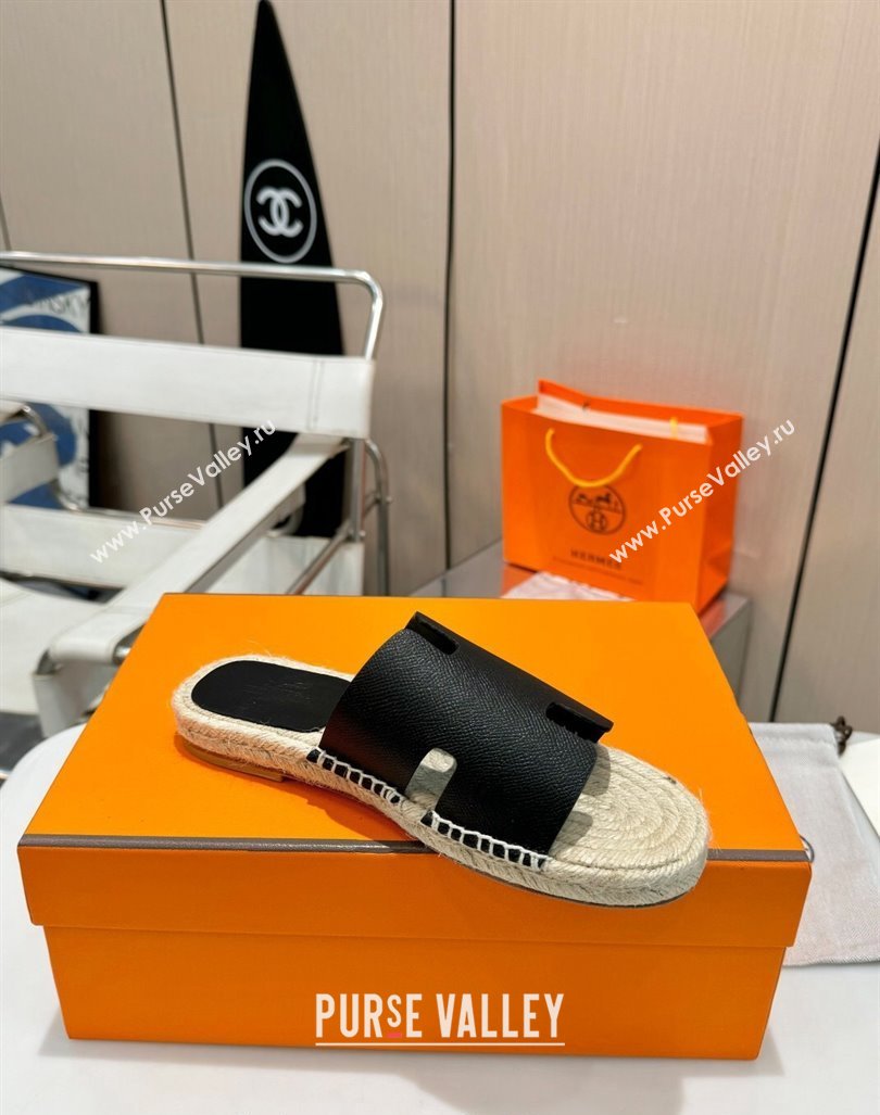 Hermes Izmir Espadrille Flat Slides Sandal in Palm-Grained Leather Black 2024 0815 (MD-240815065)