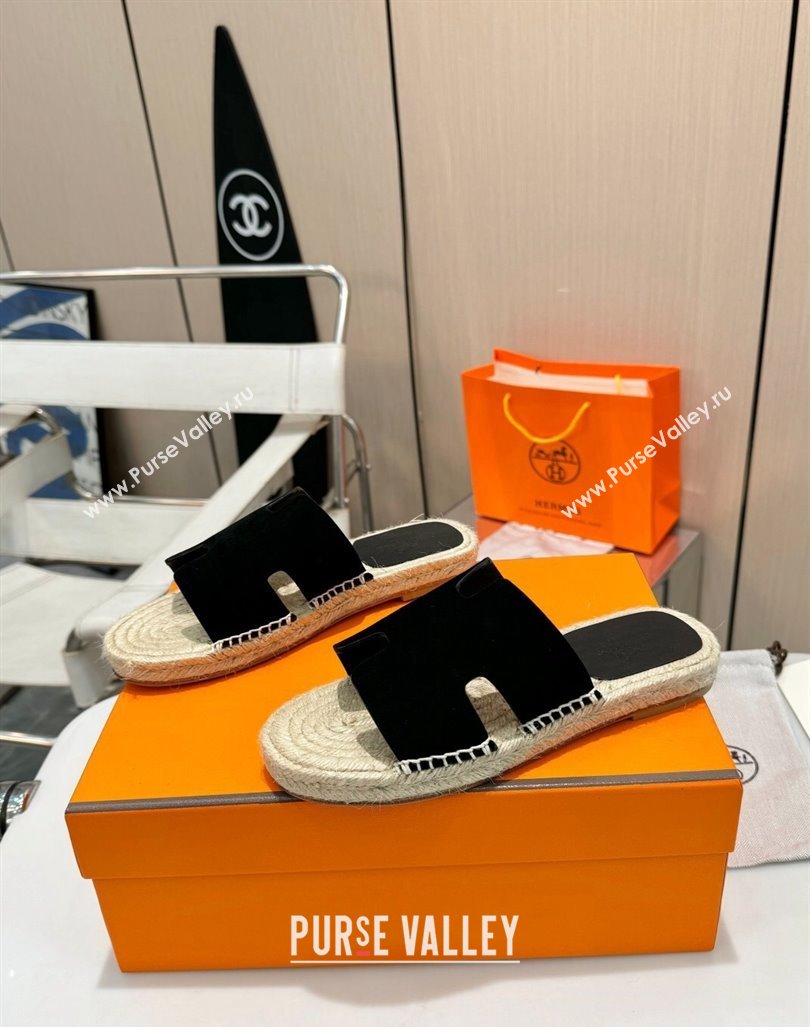 Hermes Izmir Espadrille Flat Slides Sandal in Suede Black 2024 0815 (MD-240815066)