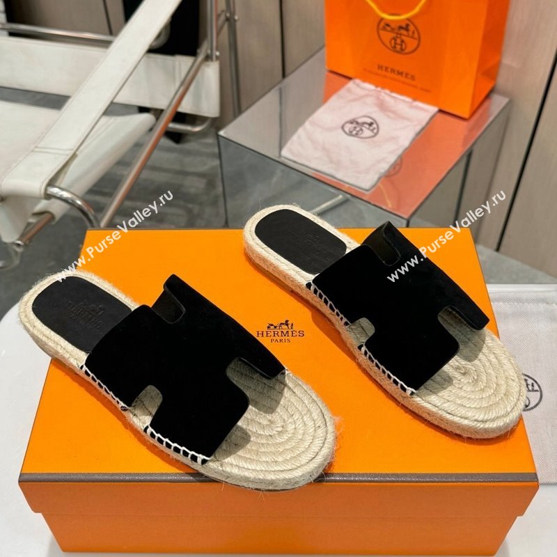 Hermes Izmir Espadrille Flat Slides Sandal in Suede Black 2024 0815 (MD-240815066)