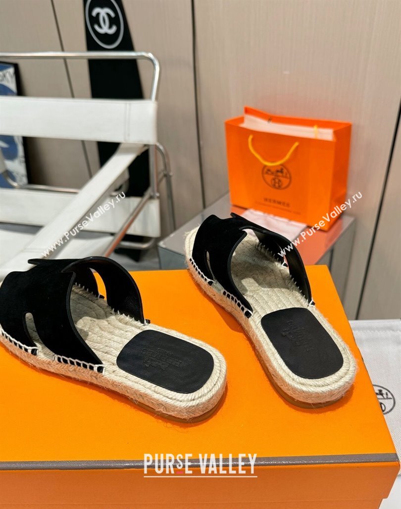 Hermes Izmir Espadrille Flat Slides Sandal in Suede Black 2024 0815 (MD-240815066)