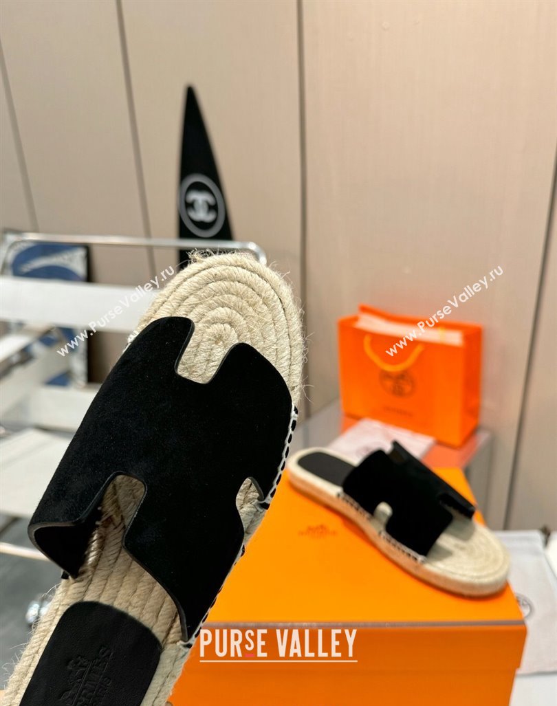 Hermes Izmir Espadrille Flat Slides Sandal in Suede Black 2024 0815 (MD-240815066)