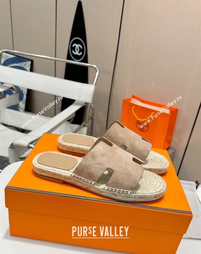 Hermes Izmir Espadrille Flat Slides Sandal in Suede Beige 2024 0815 (MD-240815067)